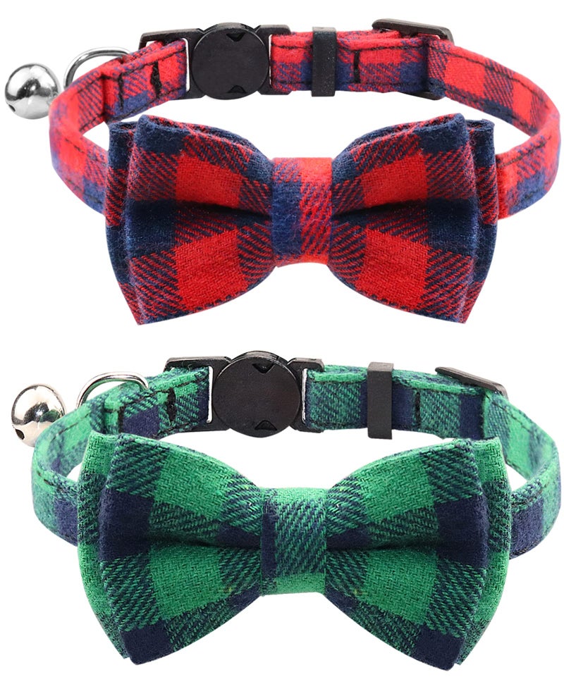 Joytale Upgraded Cat Collar with Bells, Breakaway Cat Collars with Bow Tie, 2 Pack Girl Boy Safety Plaid Kitten Collars, Green+Red - Image 1